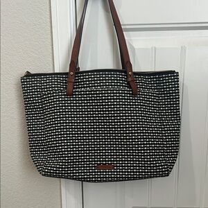 Fossil Black & White Patterned Canvas Tote with Brown Handles